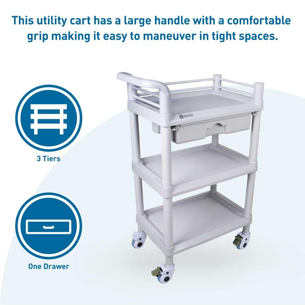 3-Tier Medical Utility Cart with Drawer and Shelves D1016