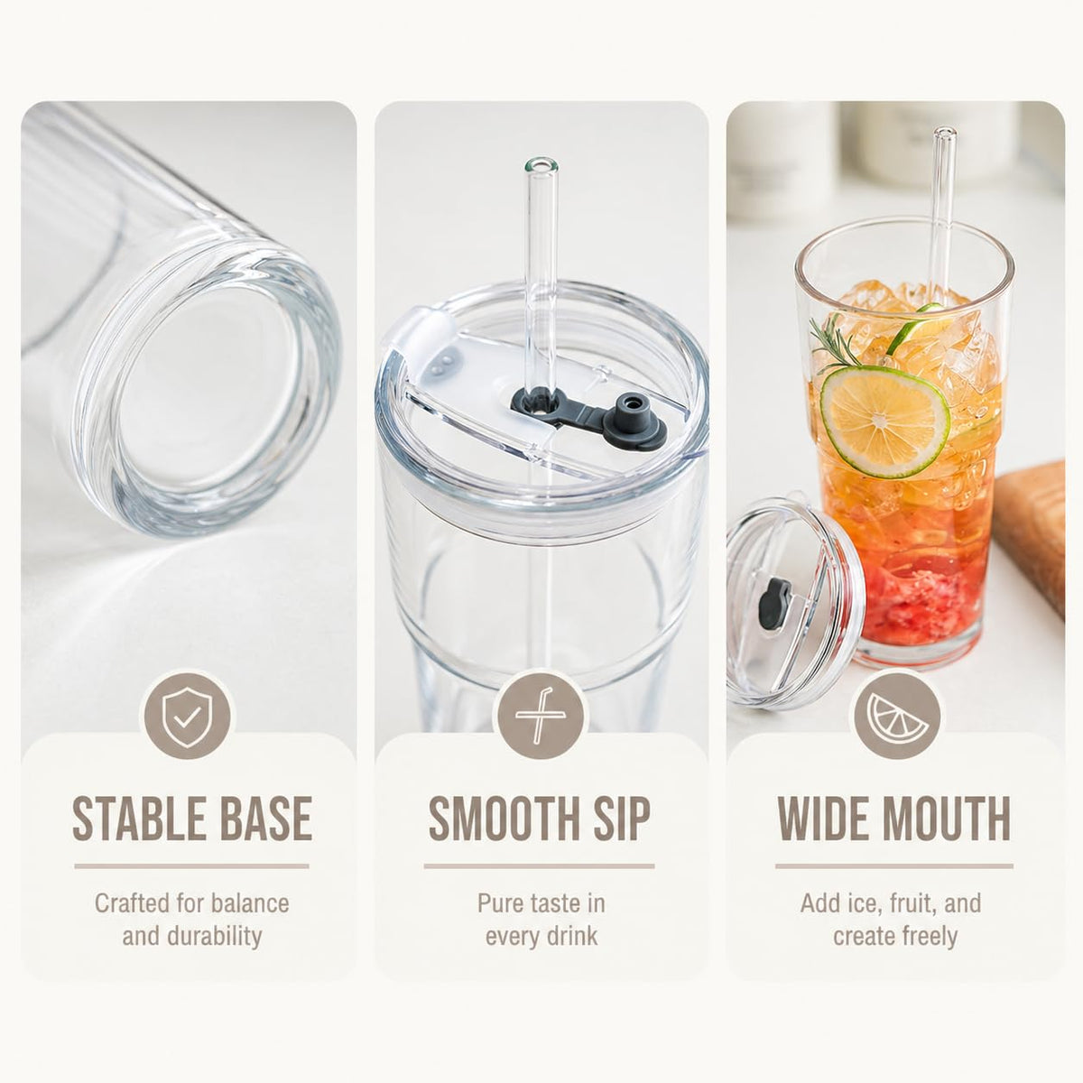 20oz Clear Glass Tumbler with Lid and Straws, Set of 2 D9872