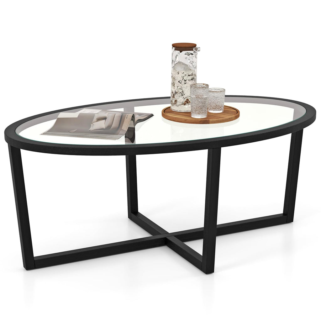 Black Oval Glass Coffee Table with Acacia Wood Legs O249