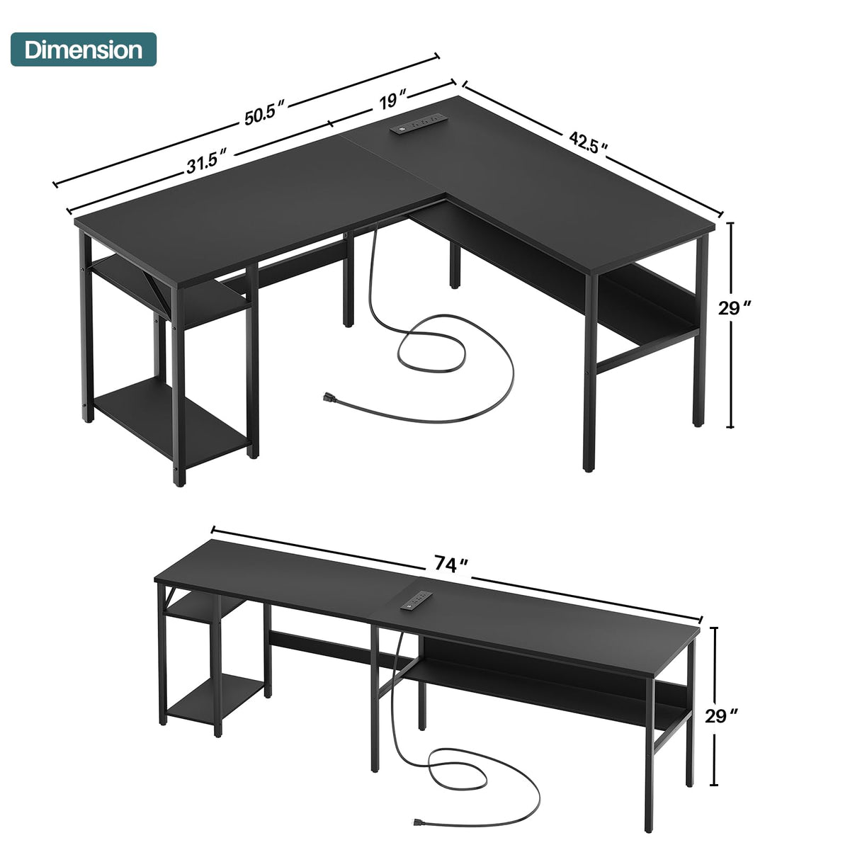 Black Reversible L Shaped Computer Desk with Power Outlets and Storage Shelves O364