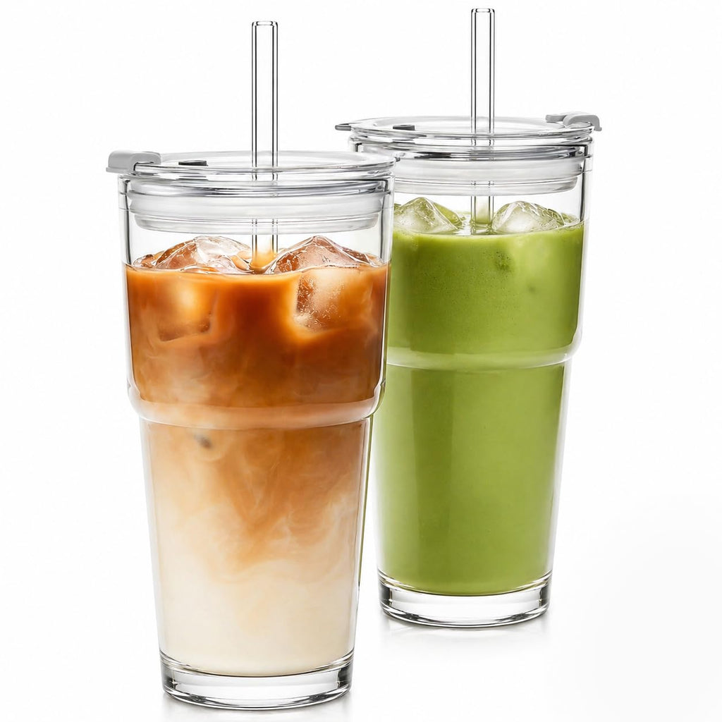 20oz Clear Glass Tumbler with Lid and Straws, Set of 2 D9872