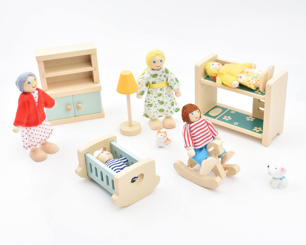 Wooden Dollhouse Dolls Family Set of 8 Miniature Figures and 2 Pets Q229595