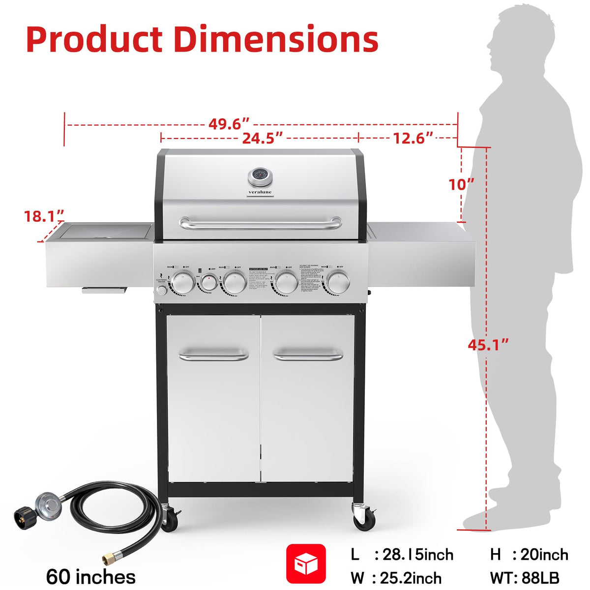 4 Burner Gas Grill with Side Burner and Wheels X958