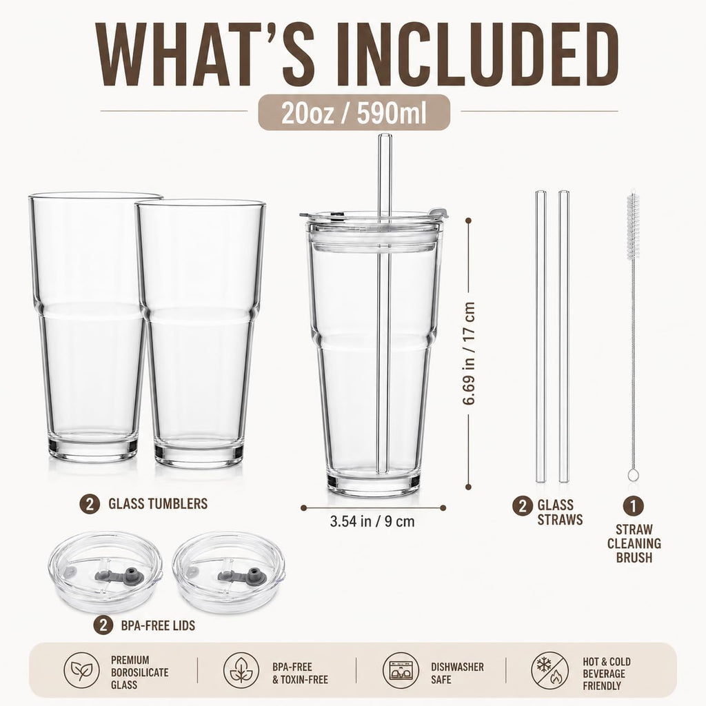 20oz Clear Glass Tumbler with Lid and Straws, Set of 2 D9872