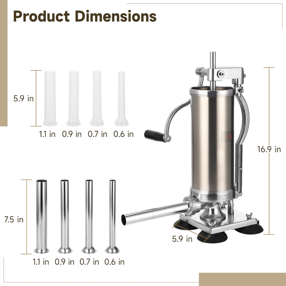 3L Hand Crank Stainless Steel Sausage Stuffer with 8 Tubes C722335