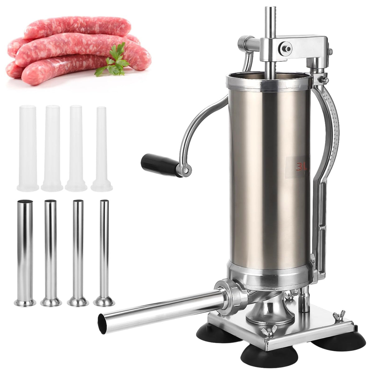3L Hand Crank Stainless Steel Sausage Stuffer with 8 Tubes C722335