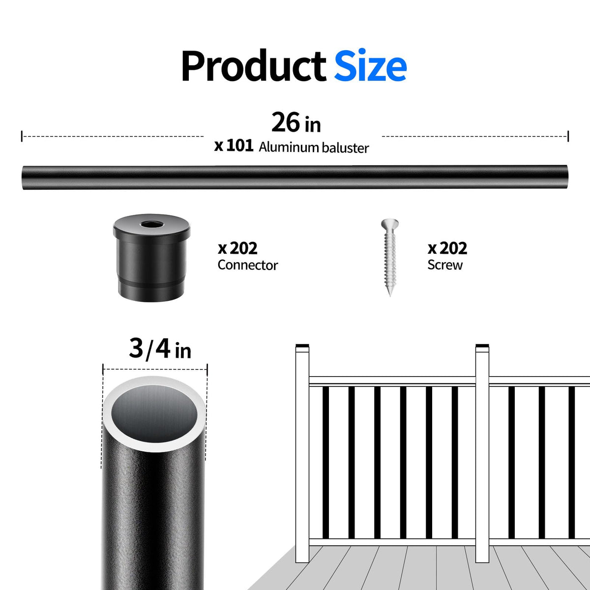 101 Pack 26" x 3/4" Black Round Aluminum Balusters P714