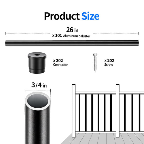 101 Pack 26" x 3/4" Black Round Aluminum Balusters P714