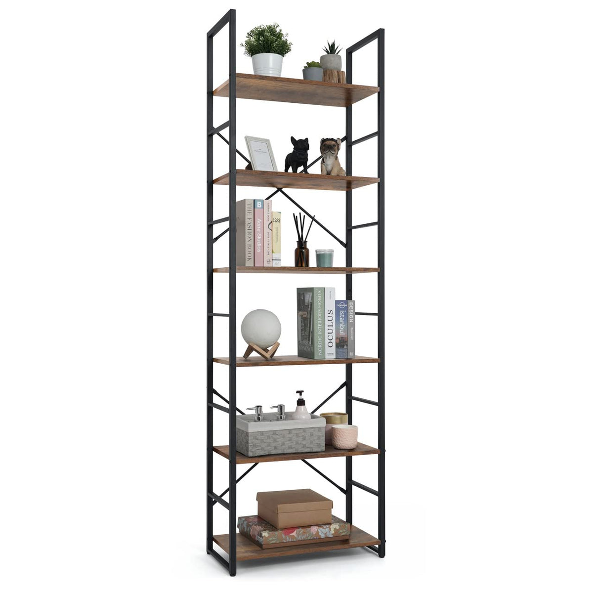 6 Tier 24 Inch Rustic Oak Bookshelf A178