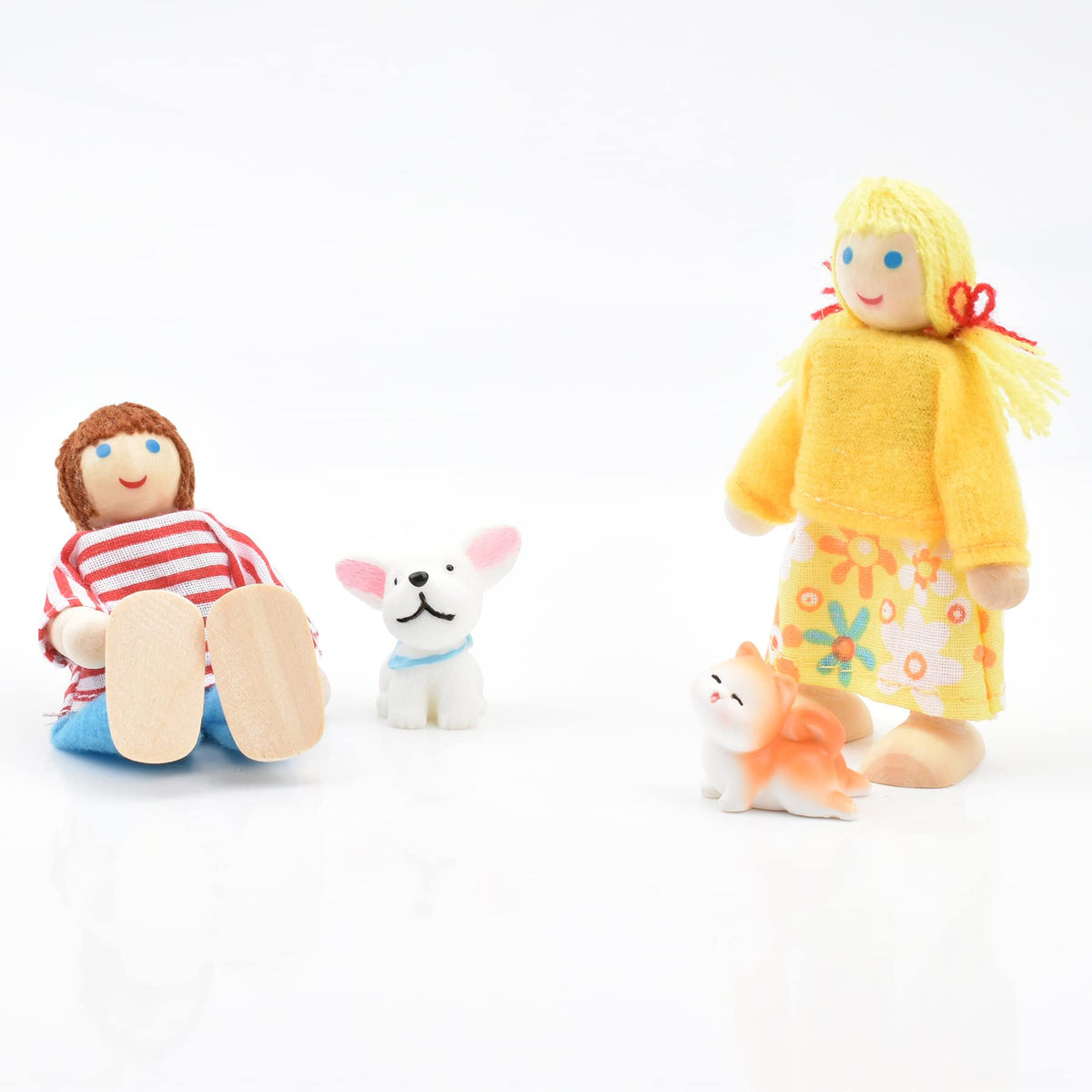 Wooden Dollhouse Dolls Family Set of 8 Miniature Figures and 2 Pets Q229595