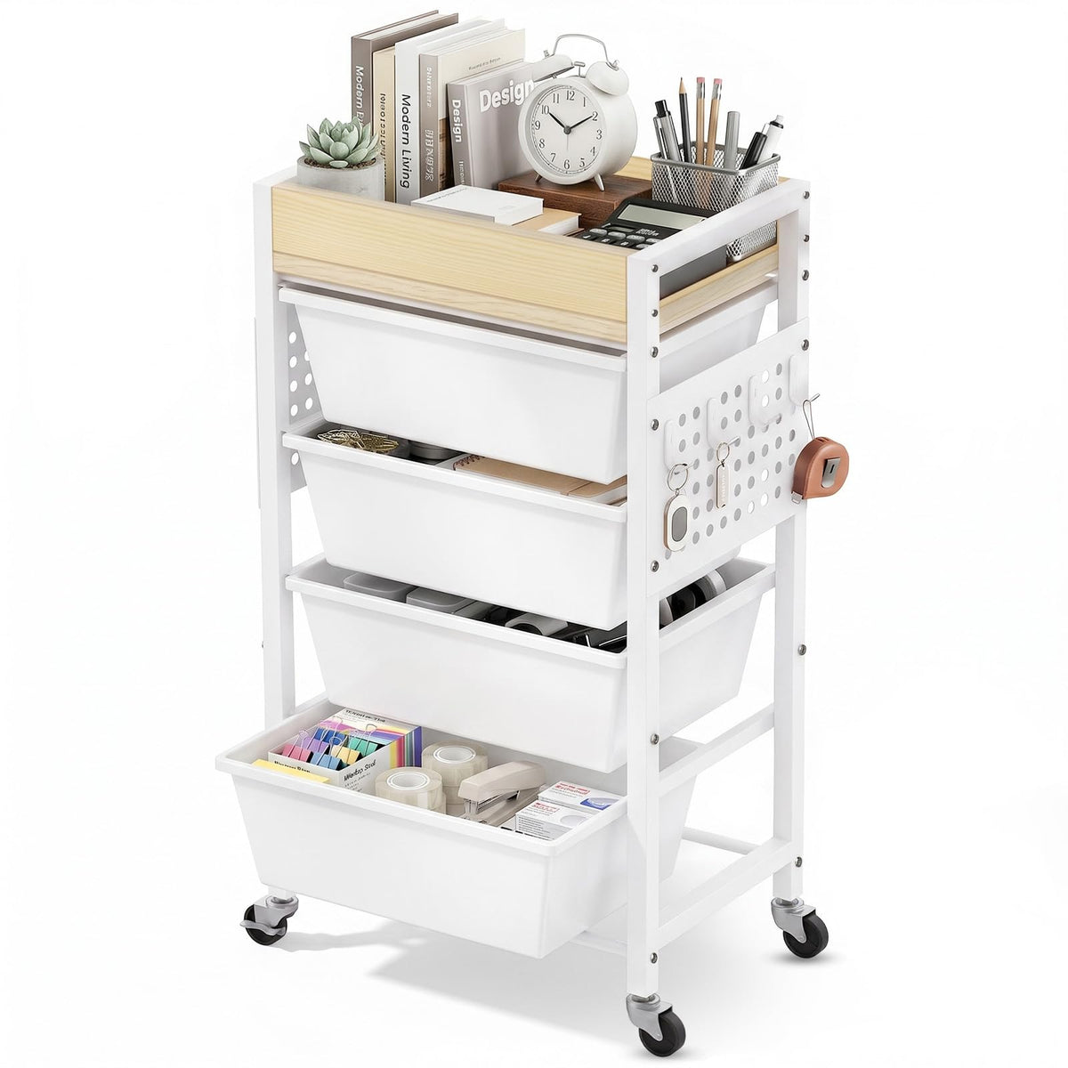 5 Tier Rolling Cart with Drawers, White R1256