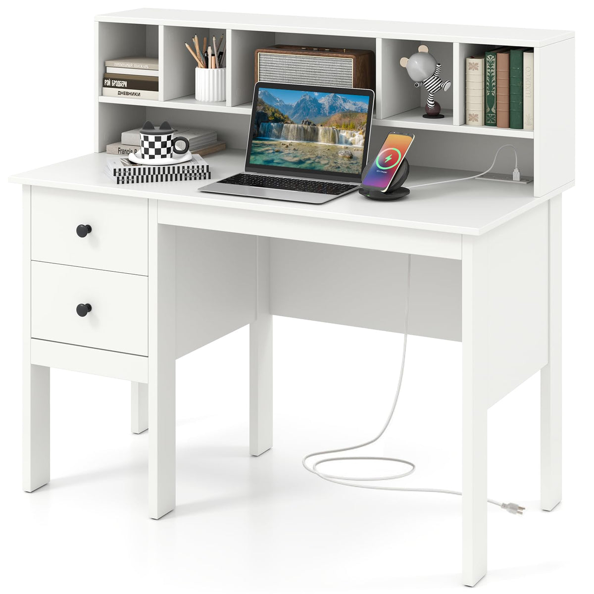 White Desk with Drawers and Hutch M22258
