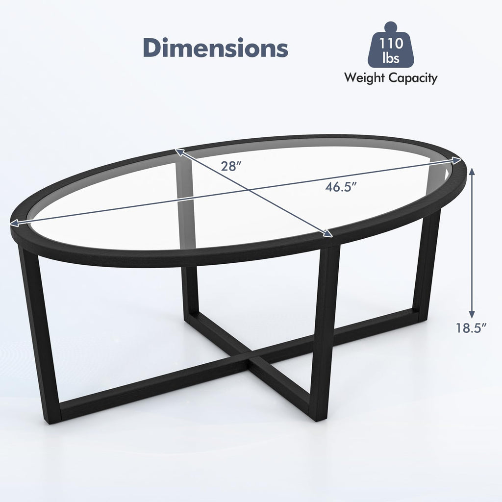 Black Oval Glass Coffee Table with Acacia Wood Legs O249