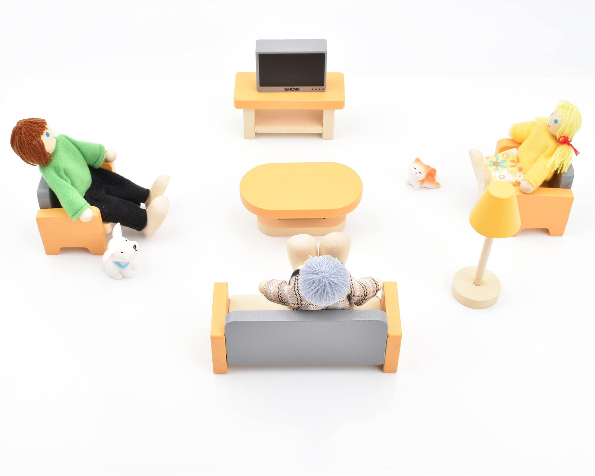 Wooden Dollhouse Dolls Family Set of 8 Miniature Figures and 2 Pets Q229595