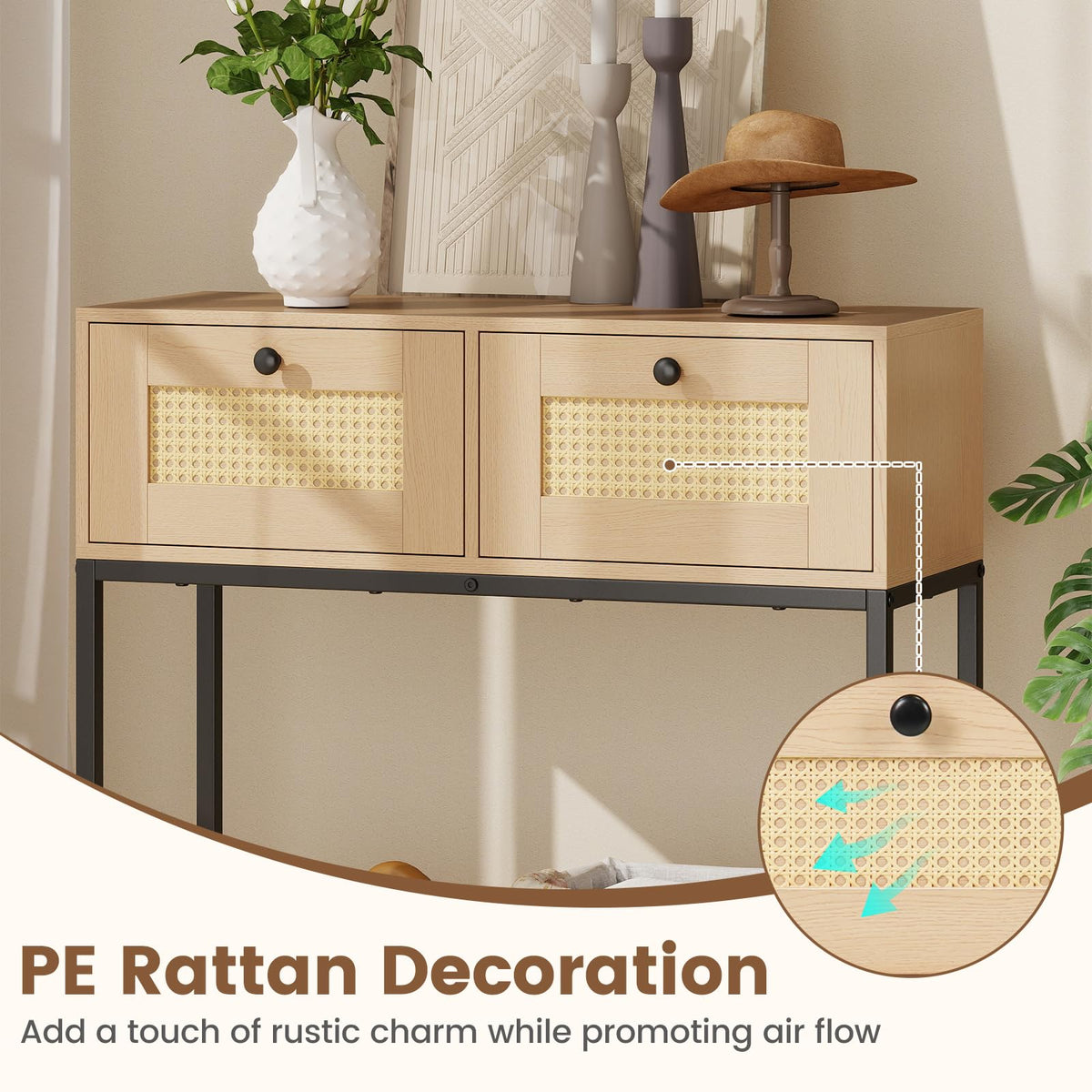 Oak Rattan Console Table with 2 Drawers H82284