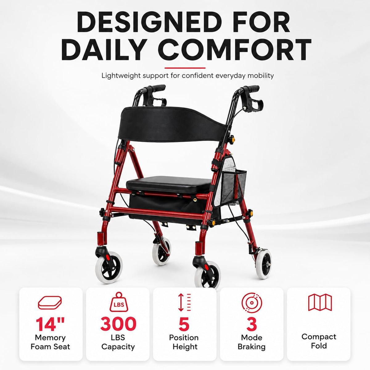 Foldable Rollator Walker with Seat, 300 Lb Capacity, Red N644