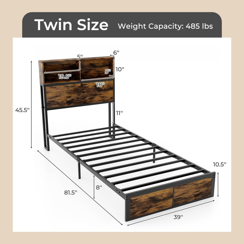 Twin Metal Platform Bed Frame with Storage Headboard R2948