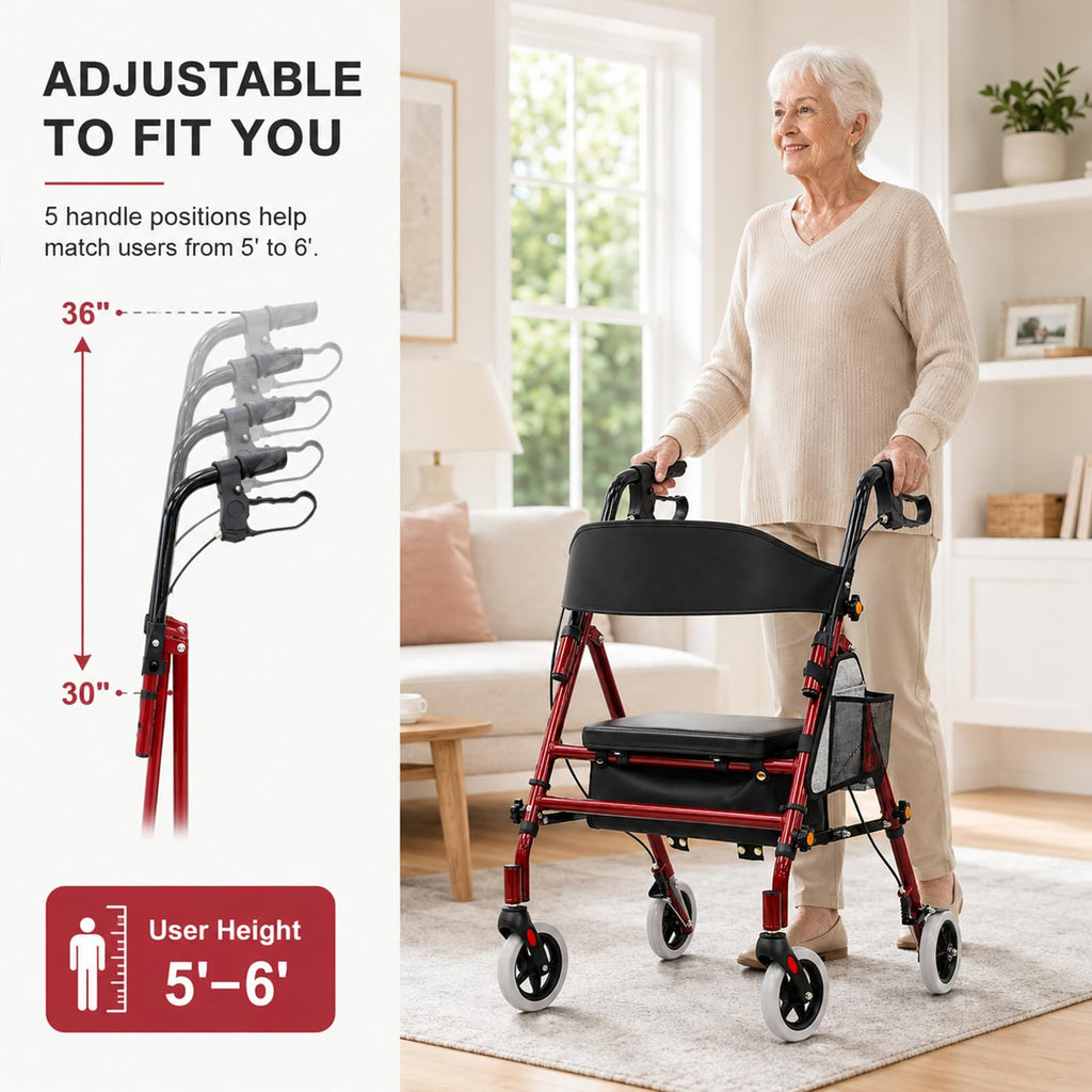 Foldable Rollator Walker with Seat, 300 Lb Capacity, Red N644