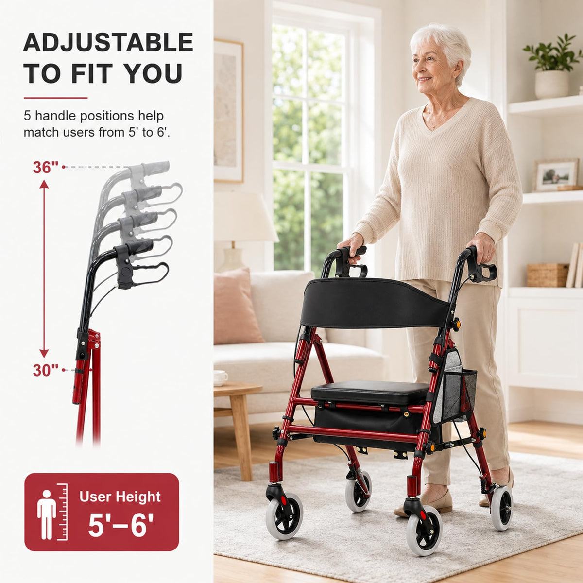 Foldable Rollator Walker with Seat, 300 Lb Capacity, Red N644