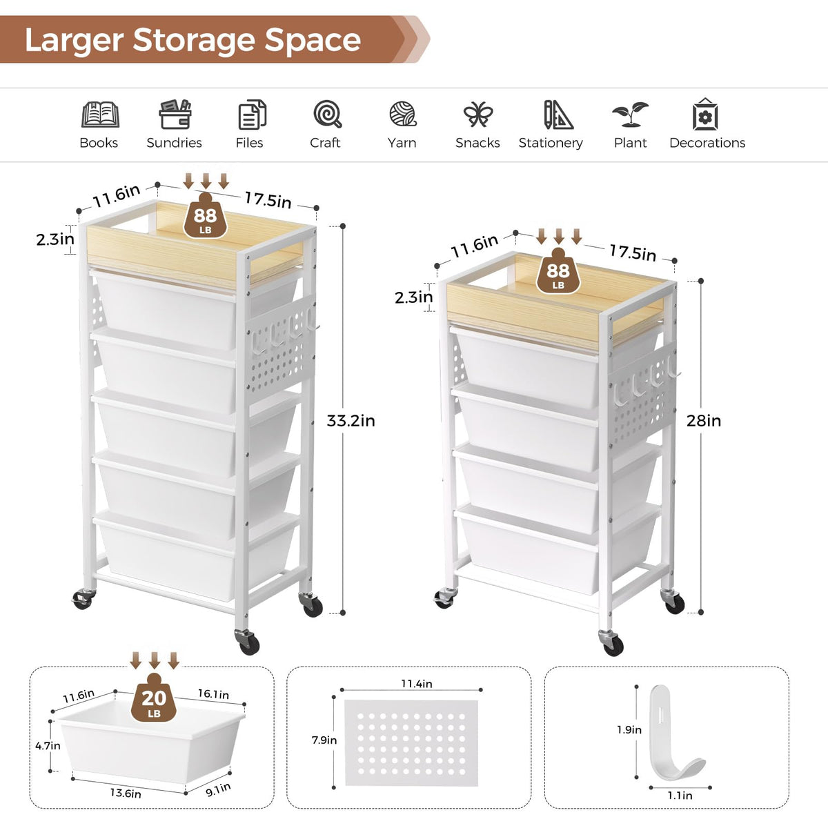 5 Tier Rolling Cart with Drawers, White R1256