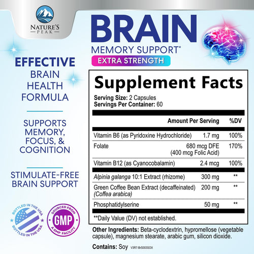 120 Capsules Brain Memory Supplement with Vitamin B6 B12 Folate & Phosphatidylserine W501424