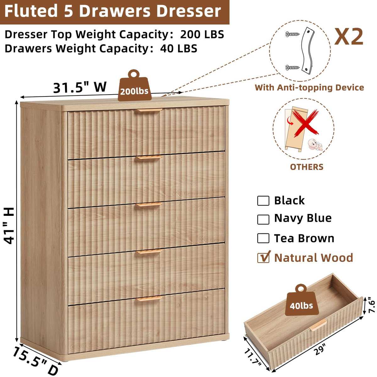 Fluted 5 Drawers Natural Wood Dresser B27778