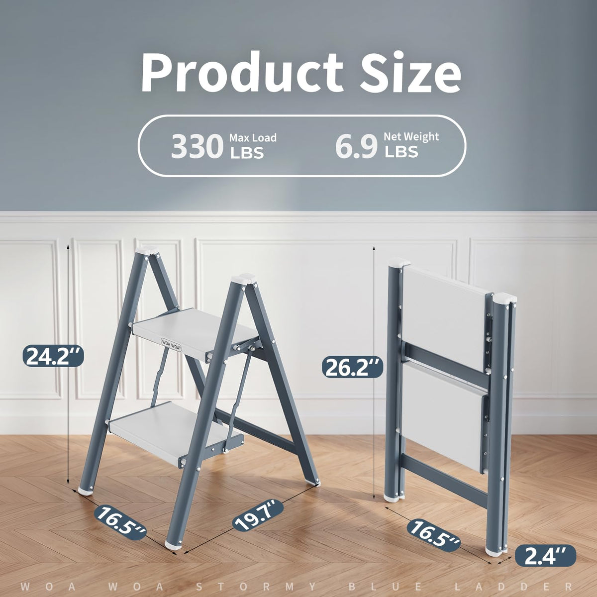 2 Step Ladder, 300lbs Load, 17'' Top Step, Stormy Blue B461156