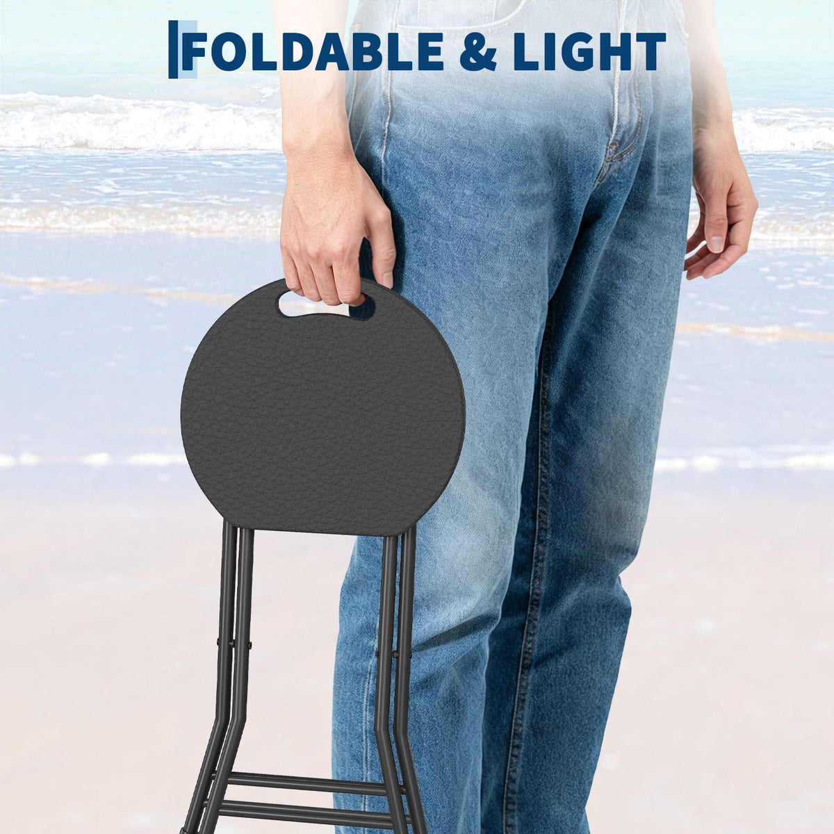 Folding Stool, Backless 18-Inch, Portable with Handle, Anti-Slip Feet, 600Lbs Capacity, Black O317