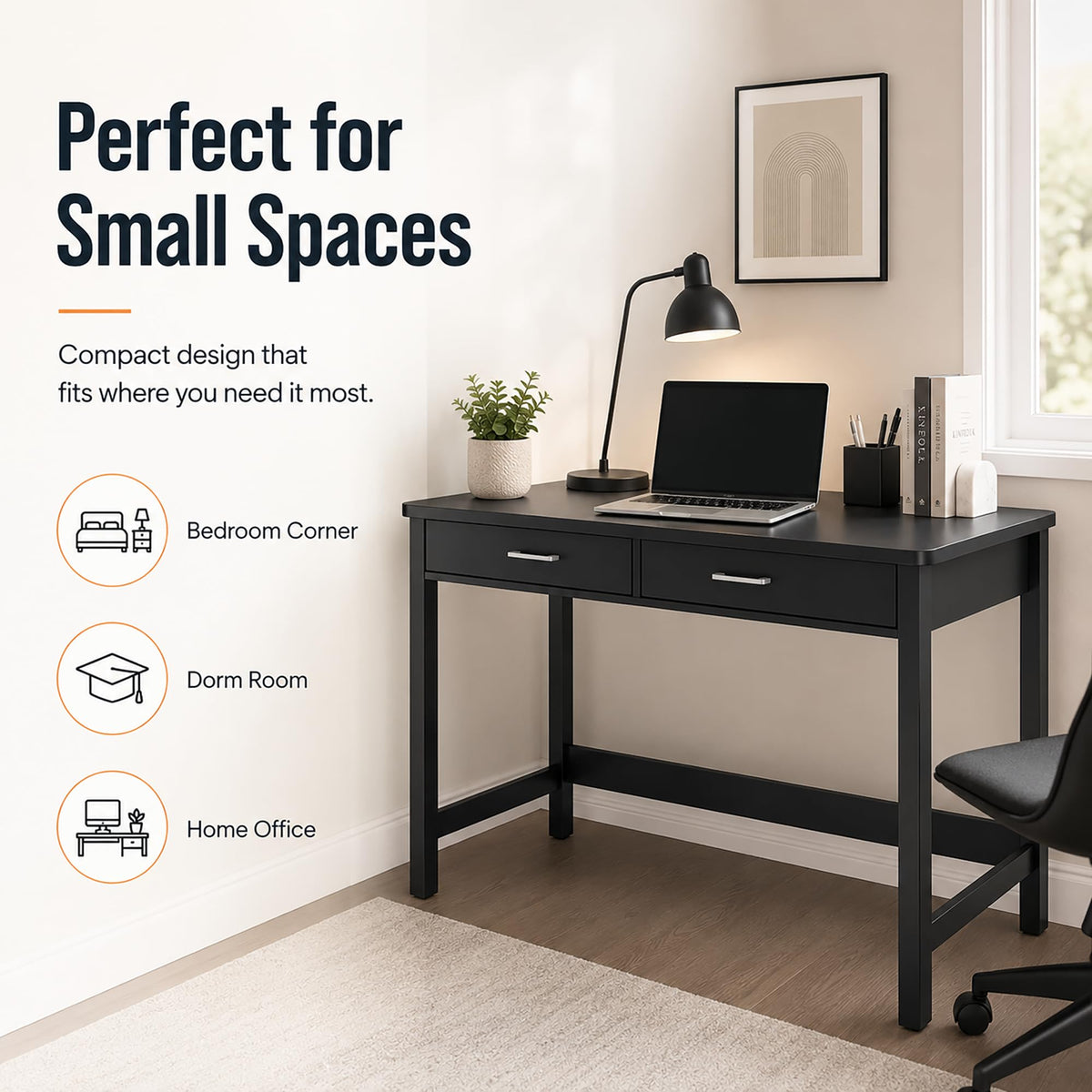 39.4" Small Desk with Wood Drawers Black K960108