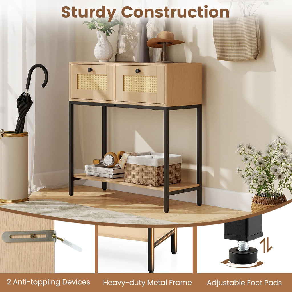 Oak Rattan Console Table with 2 Drawers H82284