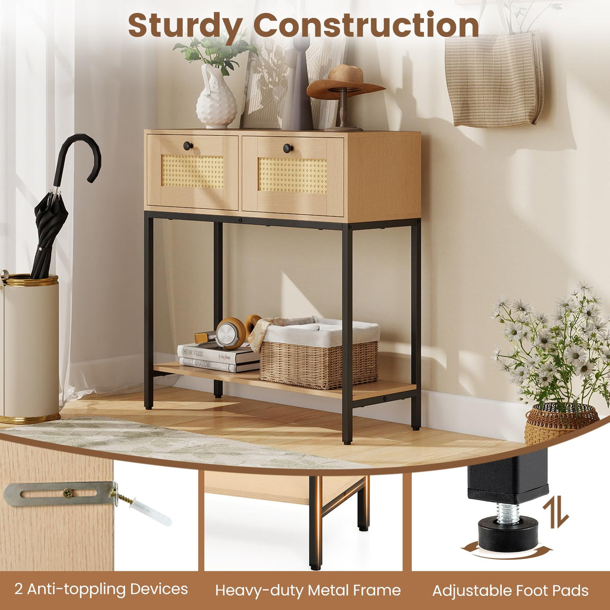 Oak Rattan Console Table with 2 Drawers H82284