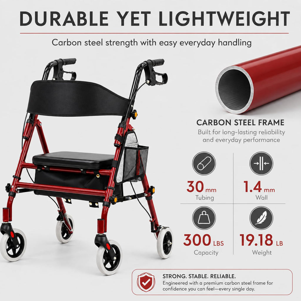 Foldable Rollator Walker with Seat, 300 Lb Capacity, Red N644