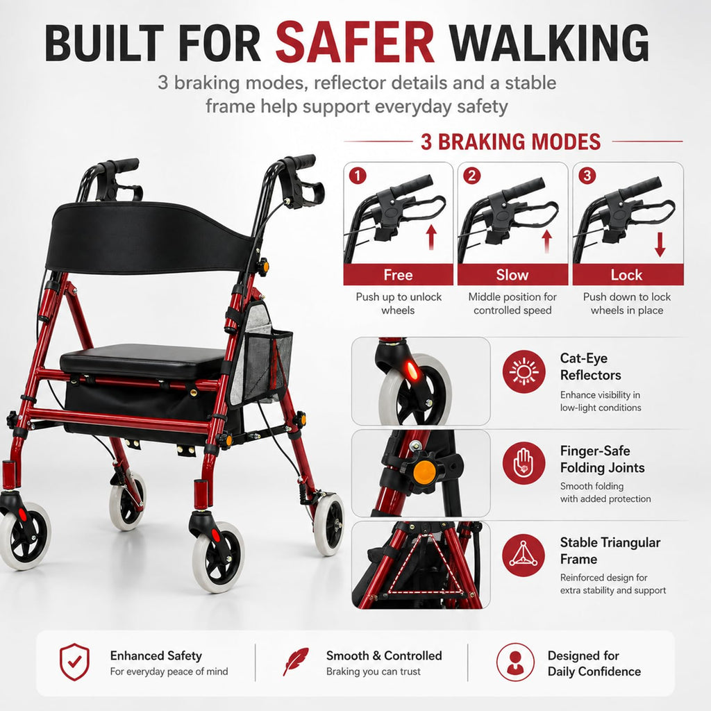 Foldable Rollator Walker with Seat, 300 Lb Capacity, Red N644