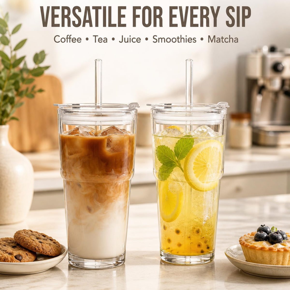 20oz Clear Glass Tumbler with Lid and Straws, Set of 2 D9872