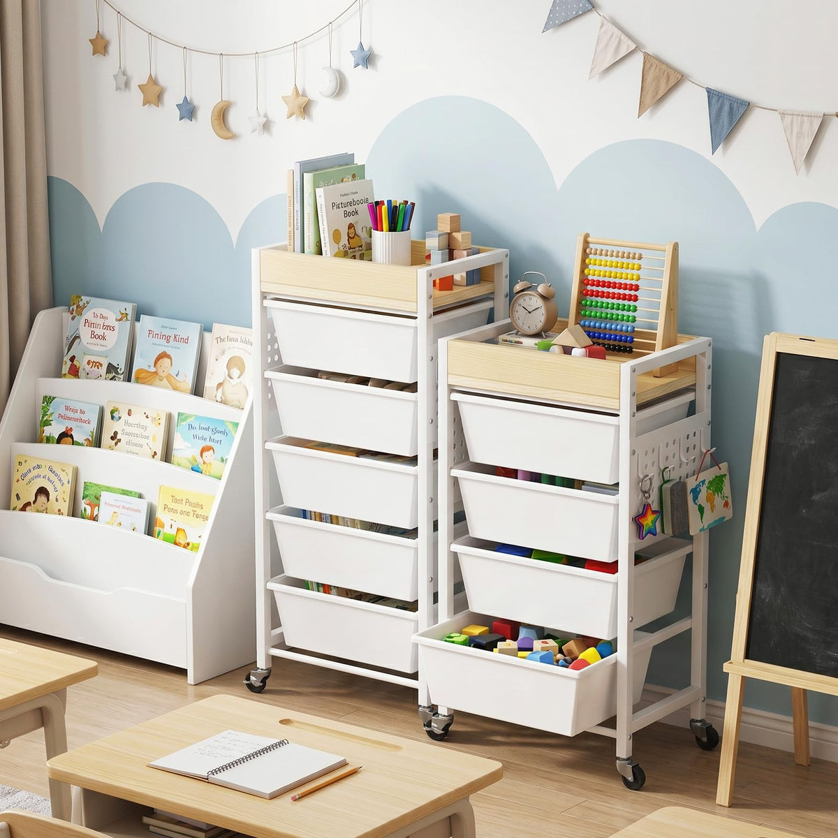 5 Tier Rolling Cart with Drawers, White R1256