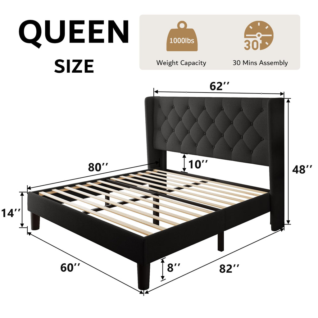 Queen Size Upholstered Platform Bed Frame with Tufted Headboard V6981