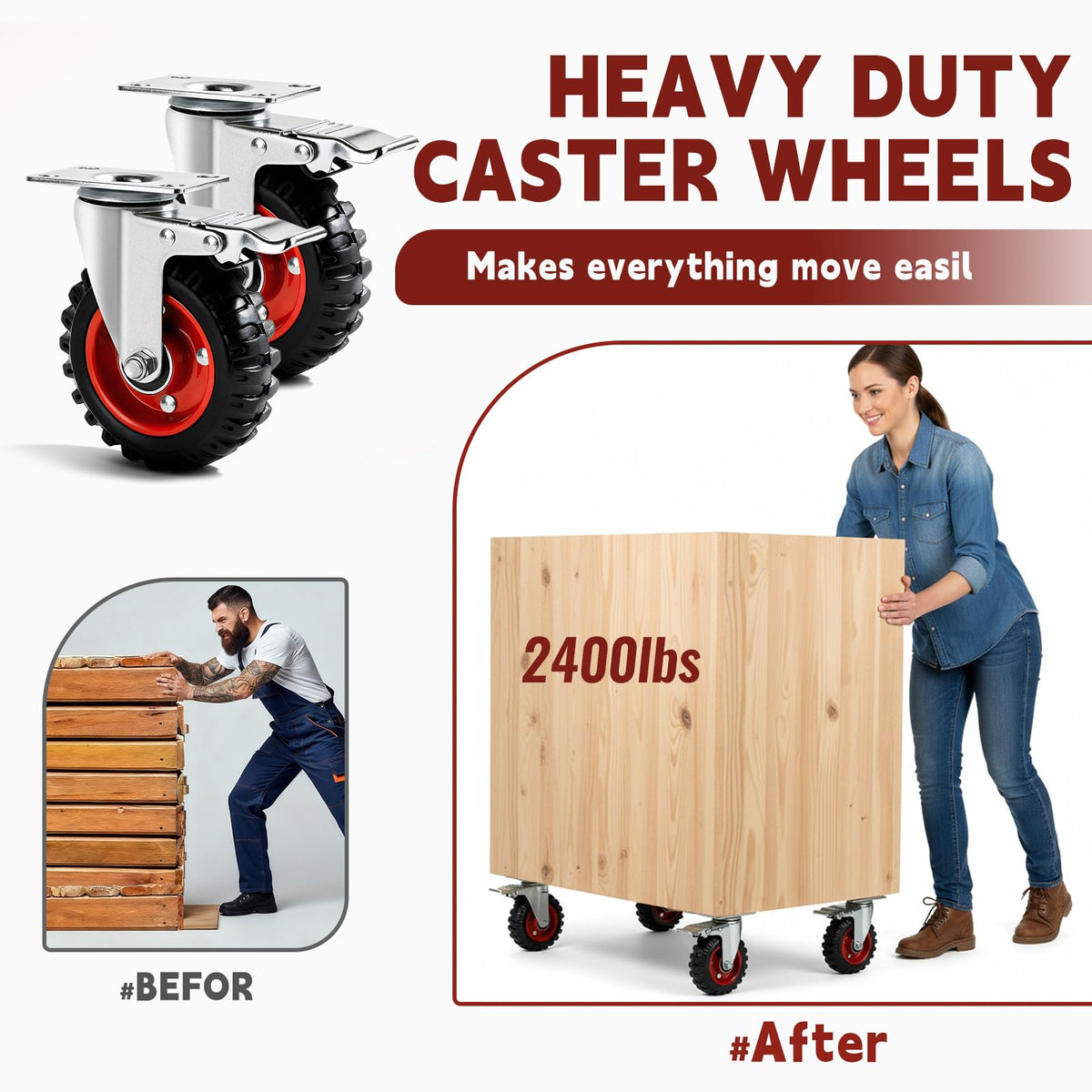 5 Inch Heavy Duty Casters Set of 4 Dual Locking Rubber Swivel Plate E155692