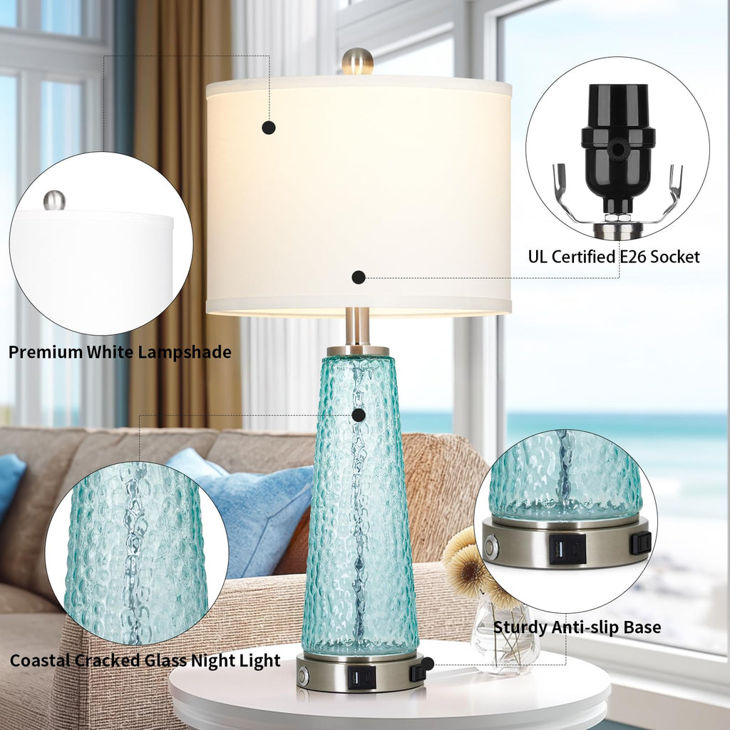 26" Glass Table Lamps with USB A+C Ports & Outlet R361