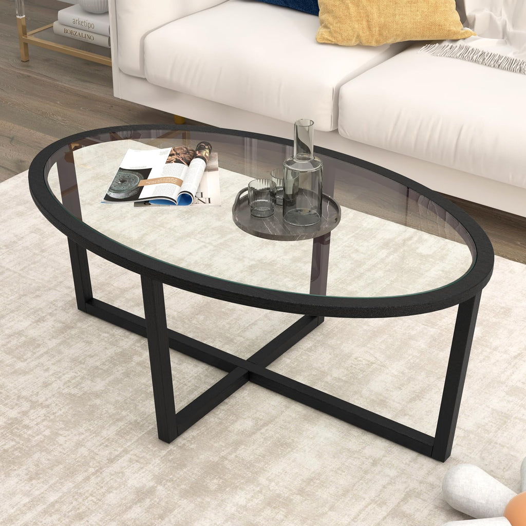 Black Oval Glass Coffee Table with Acacia Wood Legs O249