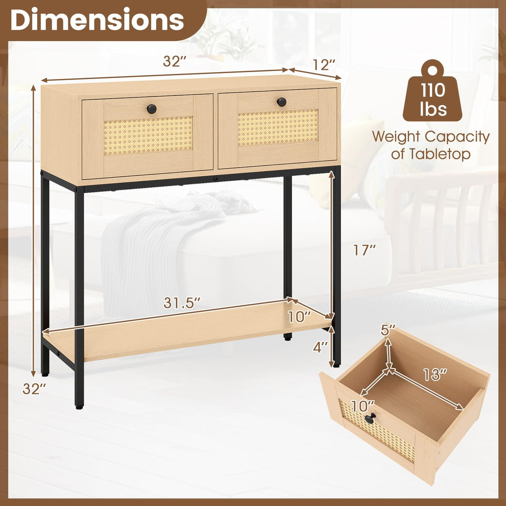 Oak Rattan Console Table with 2 Drawers H82284