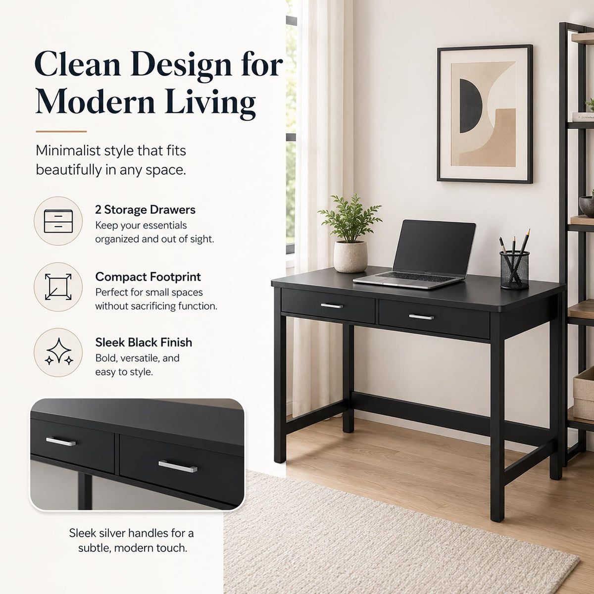 39.4" Small Desk with Wood Drawers Black K960108