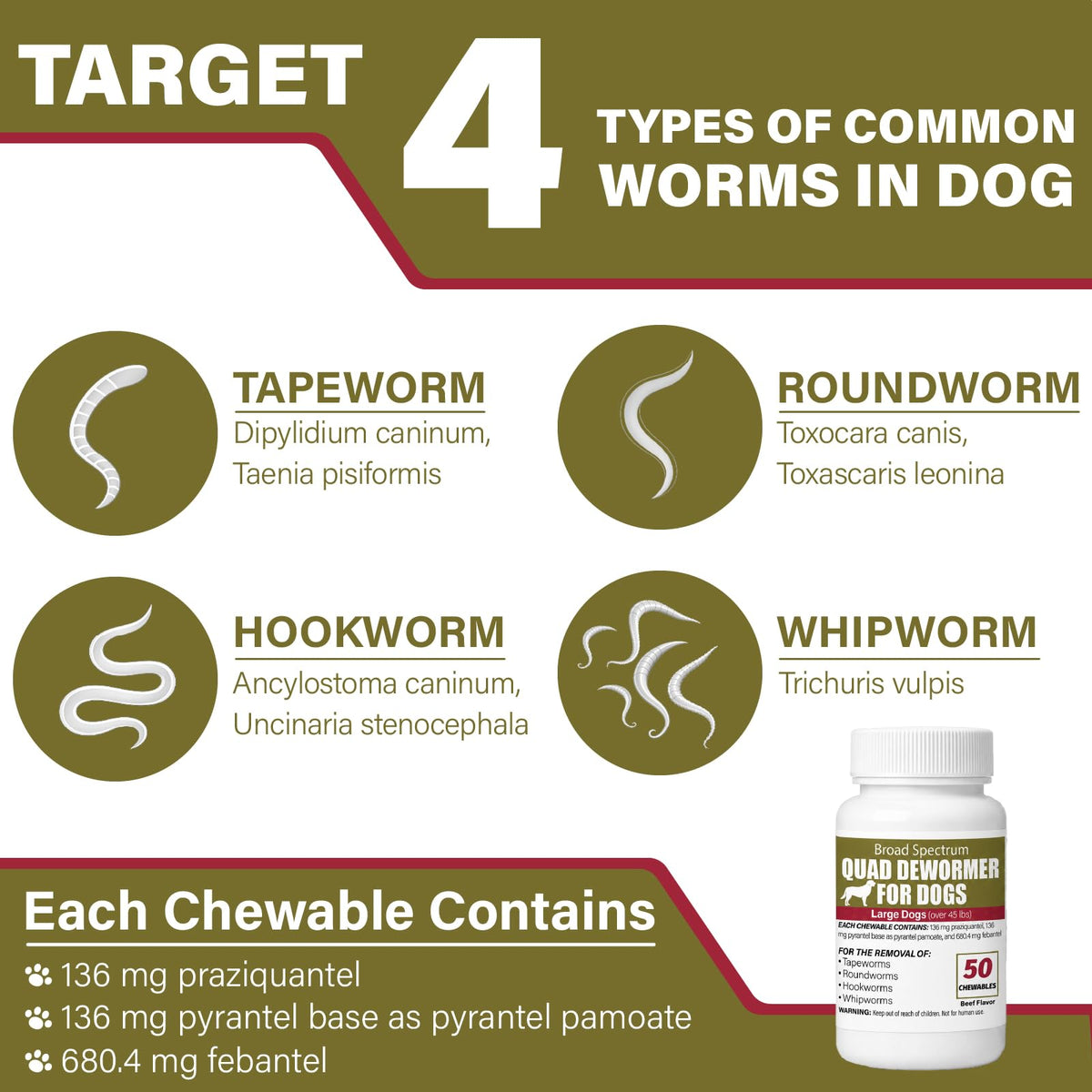 Chewable Dewormer for Dogs Over 45 lbs, 50 Beef Flavored Chewables P747