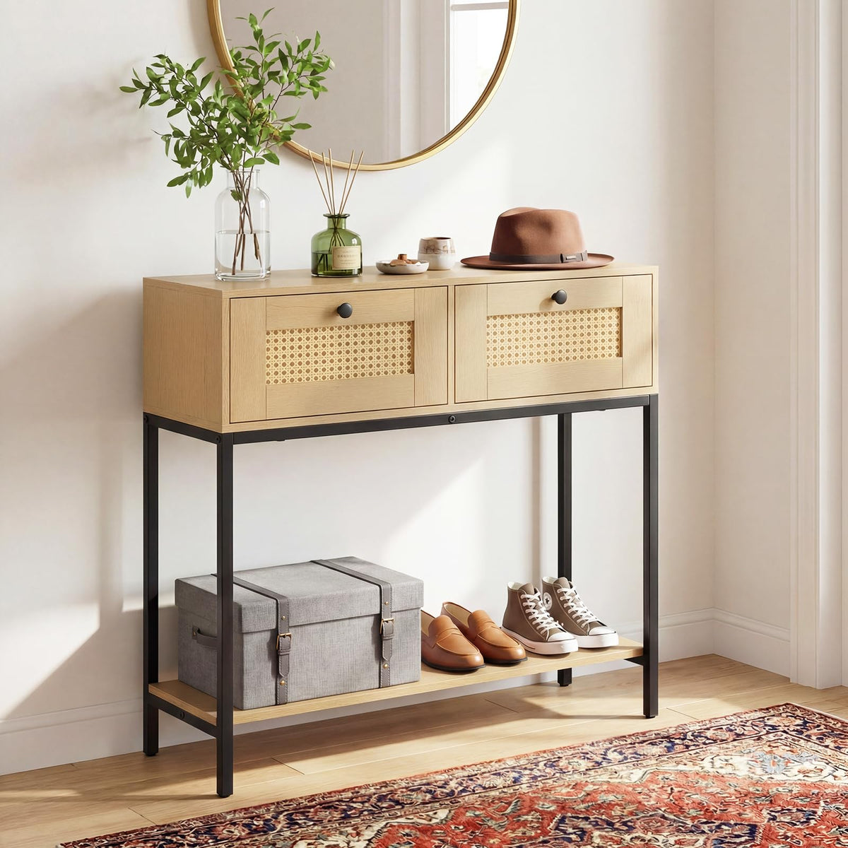 Oak Rattan Console Table with 2 Drawers H82284