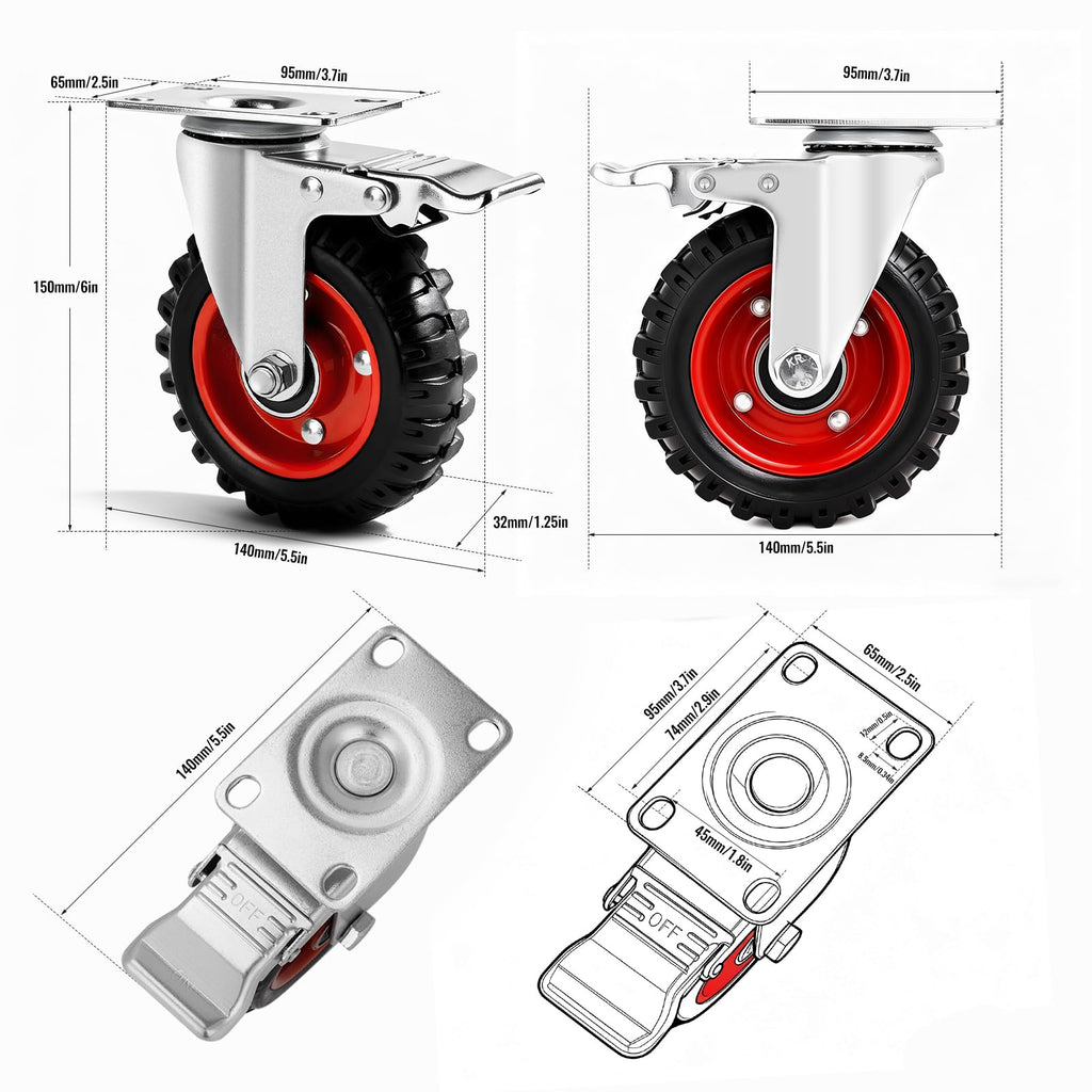 5 Inch Heavy Duty Casters Set of 4 Dual Locking Rubber Swivel Plate E155692