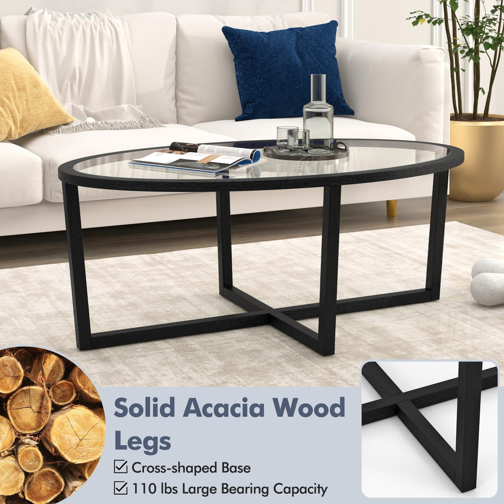 Black Oval Glass Coffee Table with Acacia Wood Legs O249