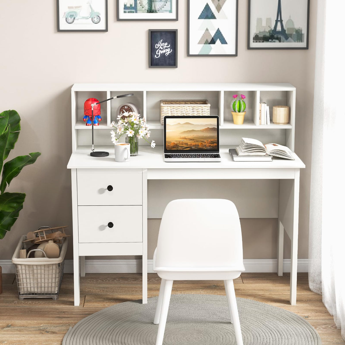 White Desk with Drawers and Hutch M22258