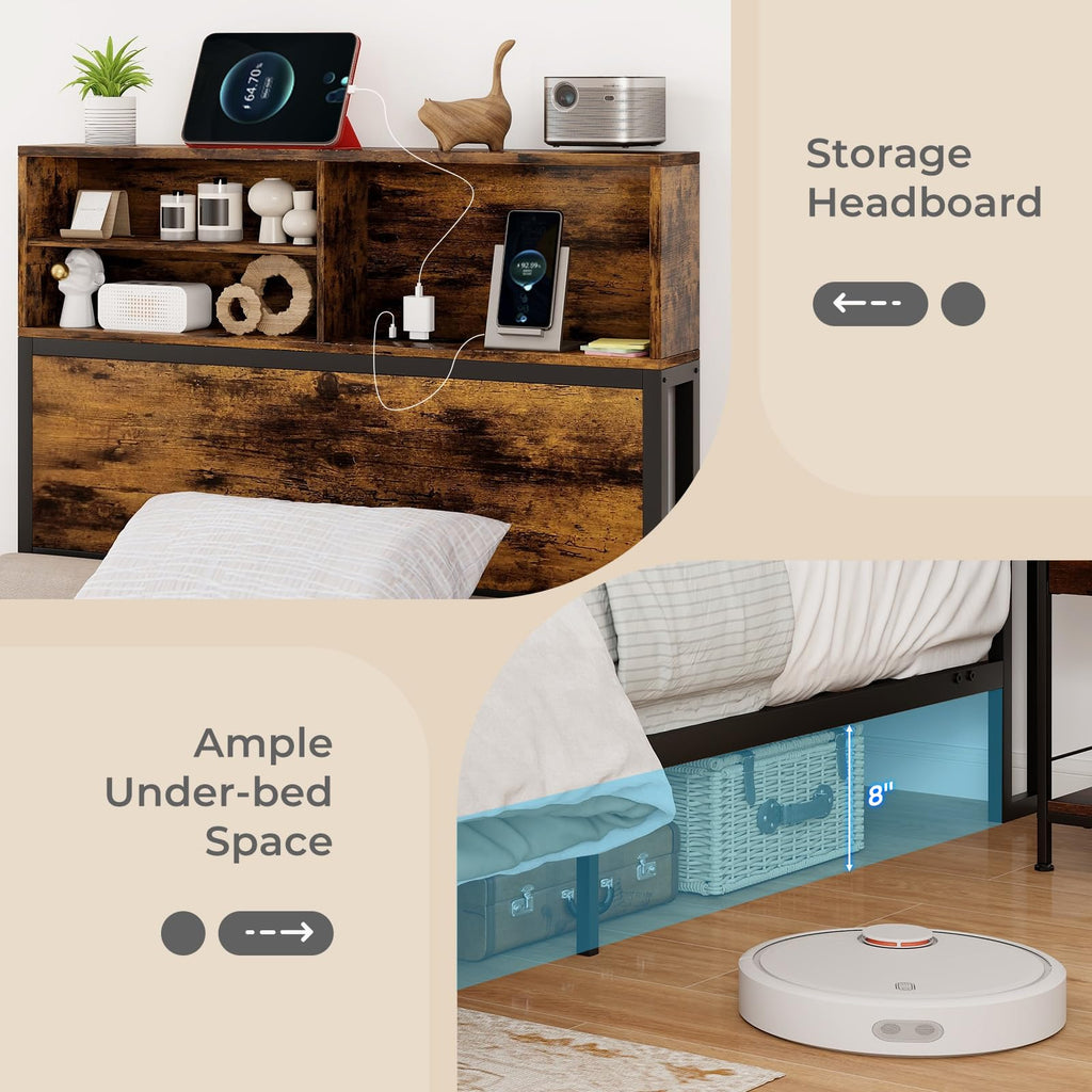 Twin Metal Platform Bed Frame with Storage Headboard R2948