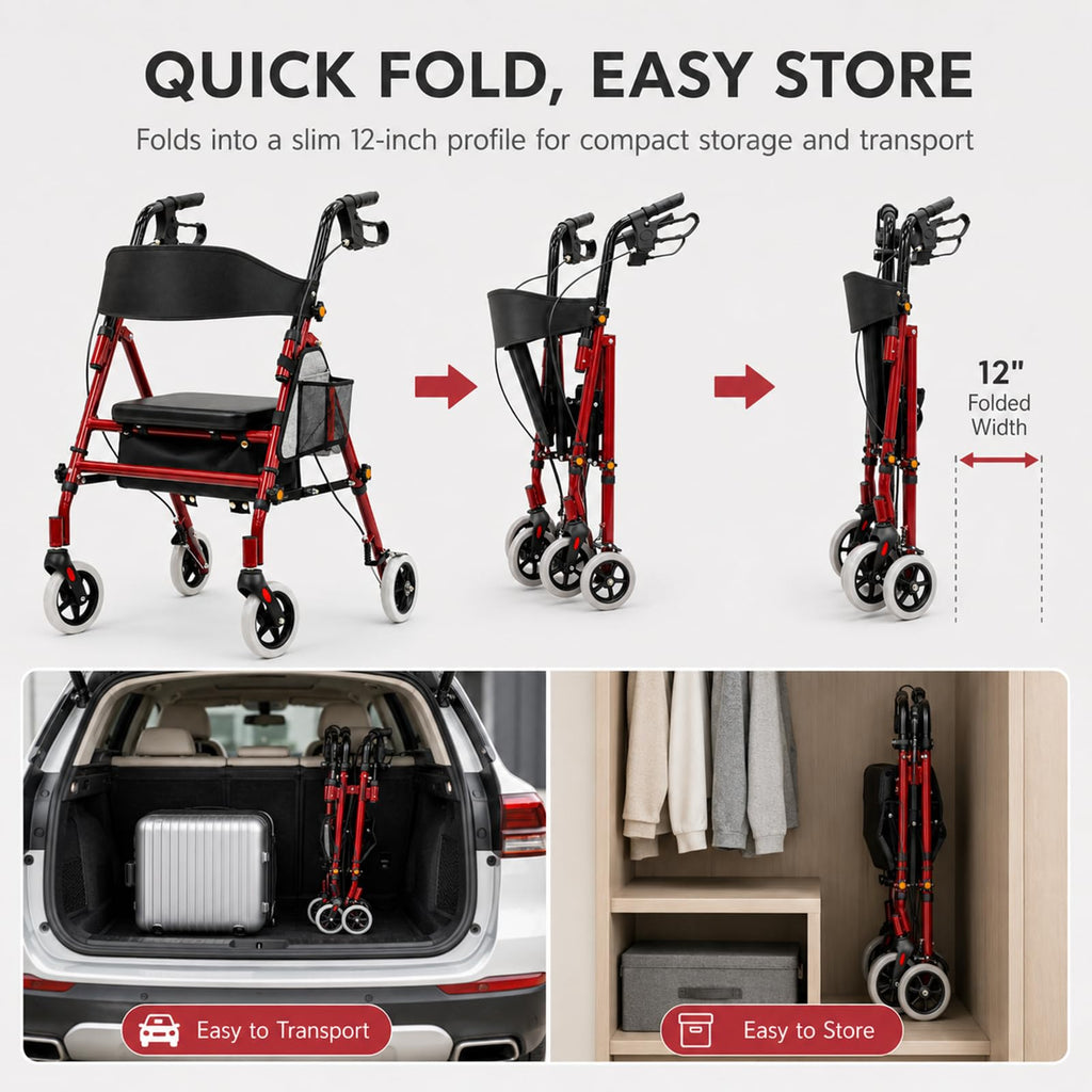 Foldable Rollator Walker with Seat, 300 Lb Capacity, Red N644