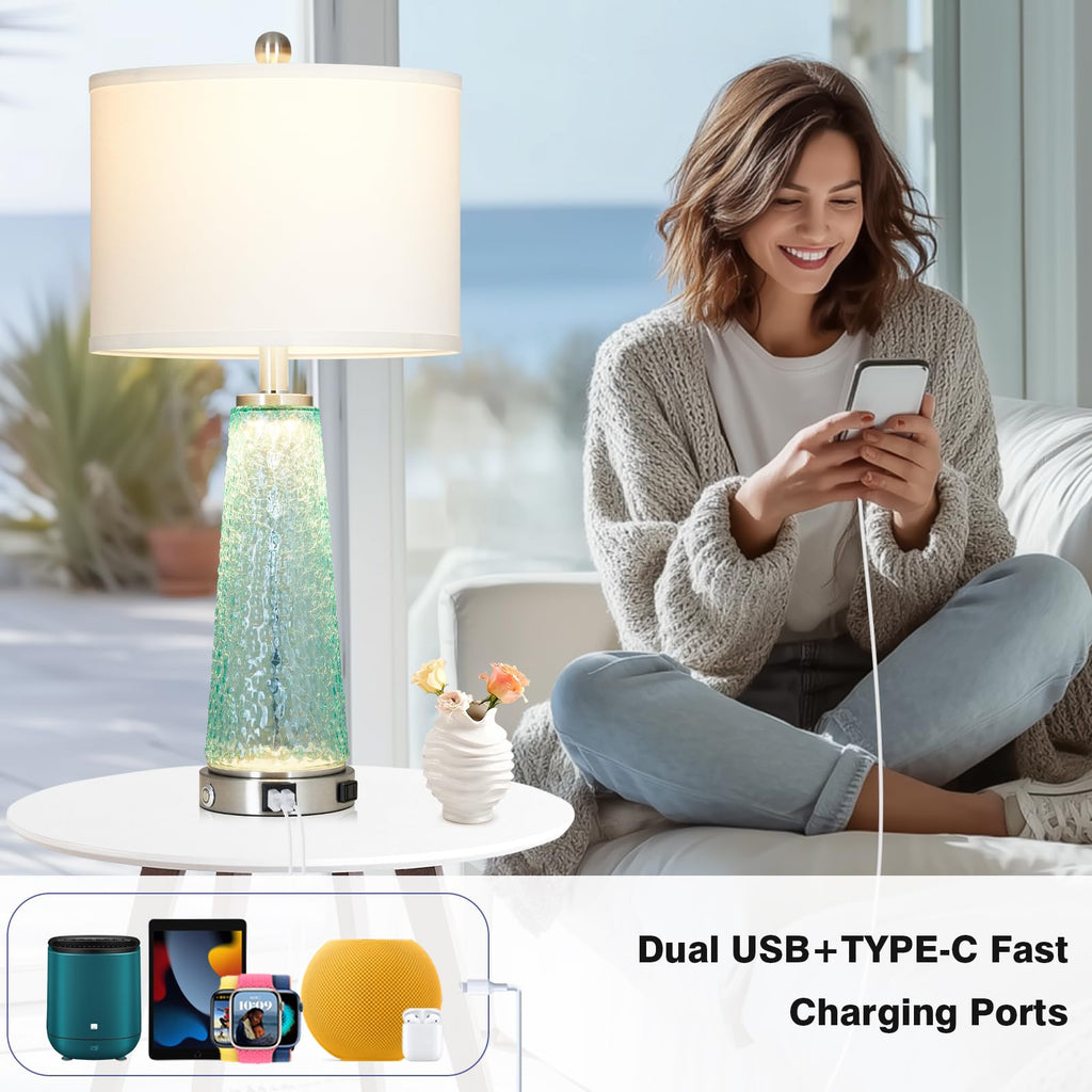 26" Glass Table Lamps with USB A+C Ports & Outlet R361