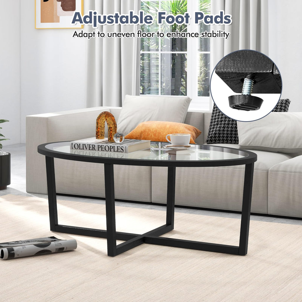 Black Oval Glass Coffee Table with Acacia Wood Legs O249